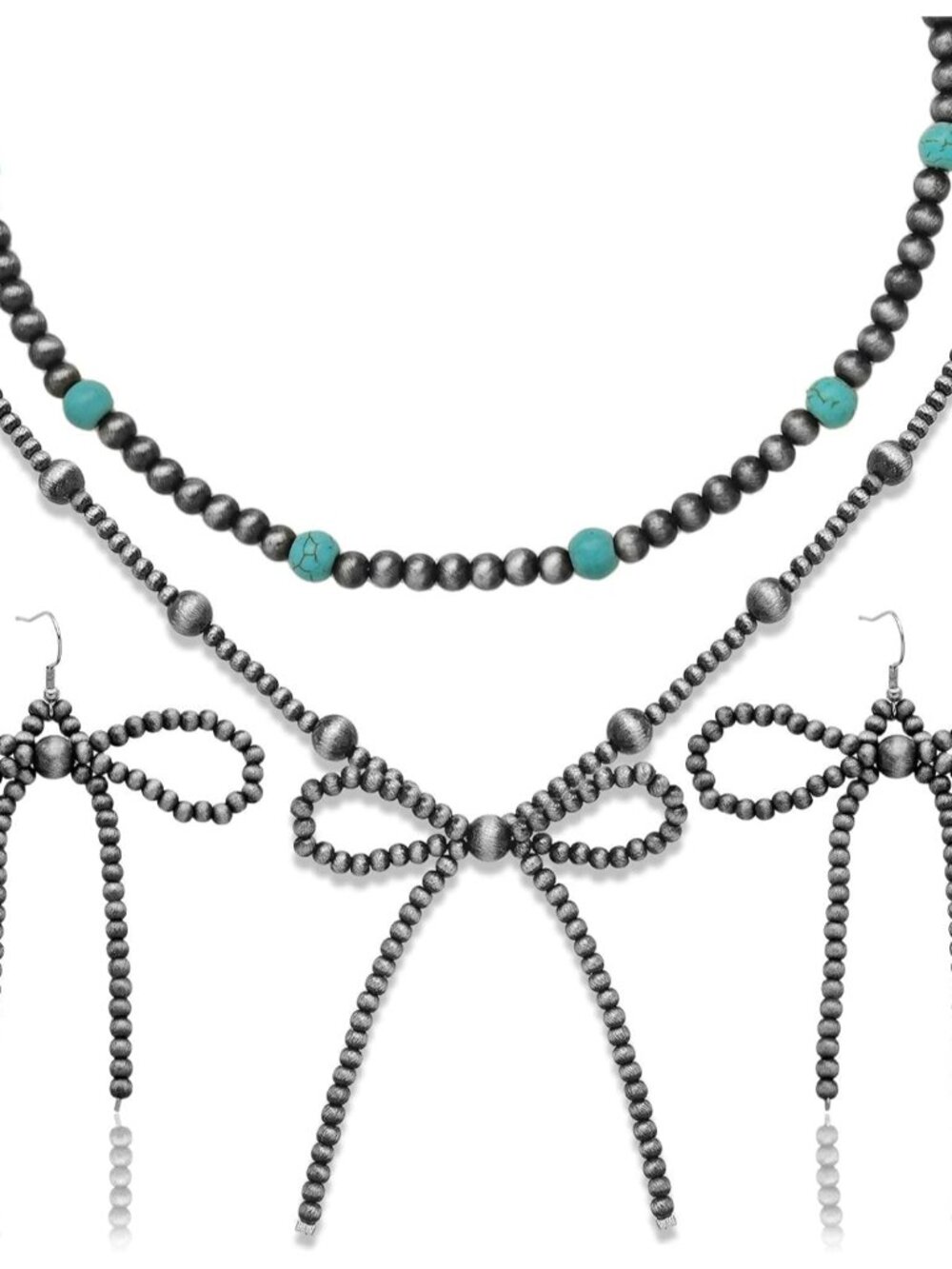 Western Jewelry Navajo Pearl Necklace and Bow Dangling Earrings Set for Women Ha